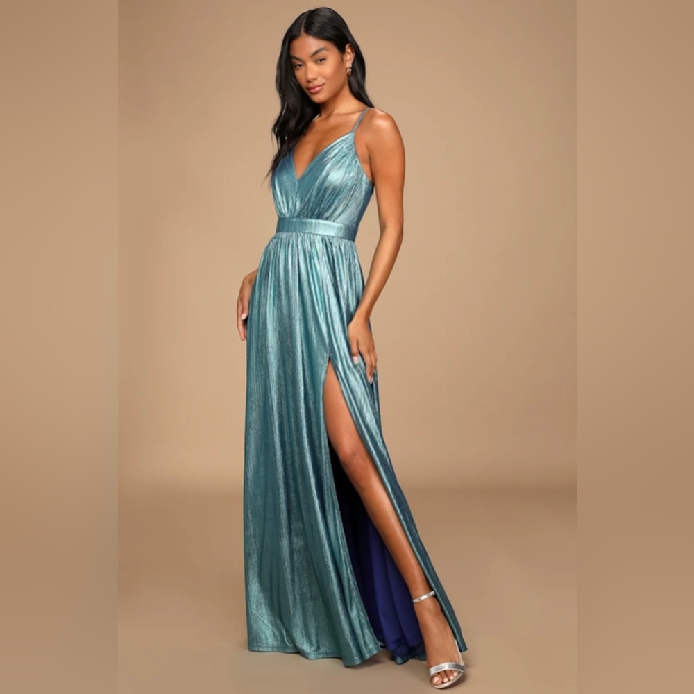 Lulu's Beyond Exquisite Blue Metallic Lurex Maxi Dress